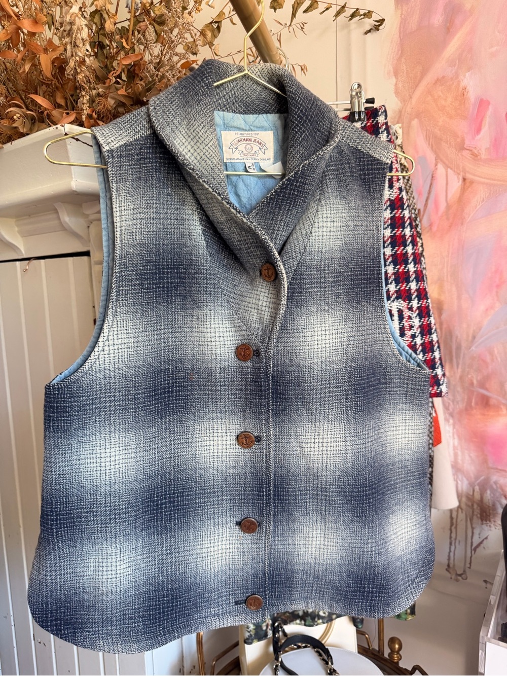 Giorgio Armani Light Blue Quilted Lined Jacket with Navy Collar